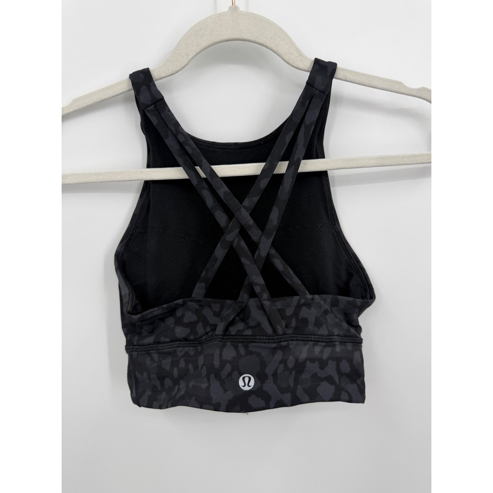 Lululemon Energy Bra High Neck Longline Womens 2 Black Grey Leopard Camo Strappy